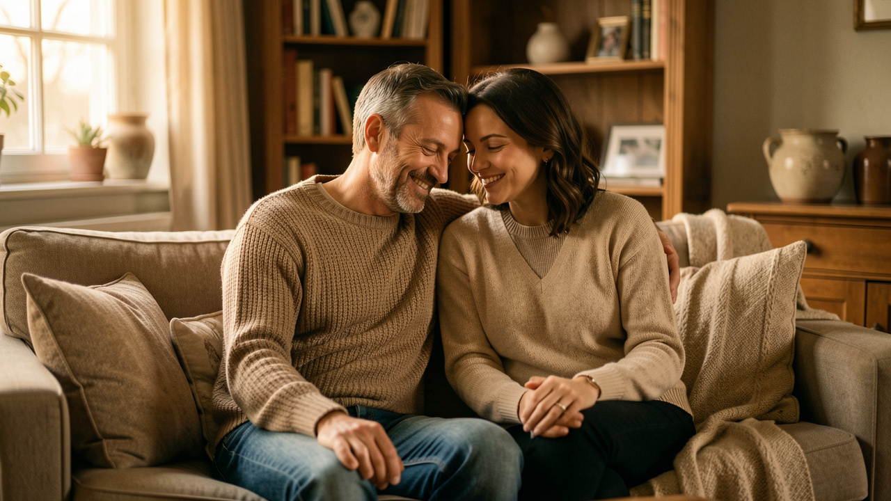 Un couple adulte élégant, complice et détendu, dans un intérieur chaleureux et élégant, lumière douce et ambiance intime.
