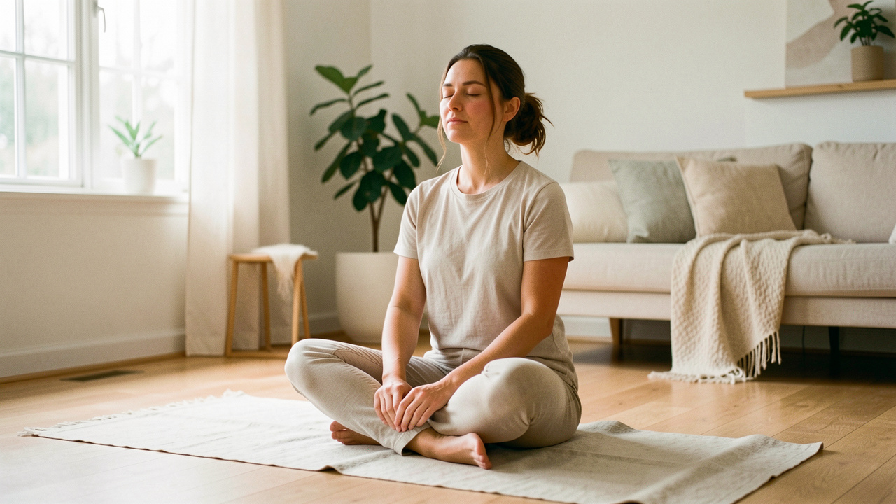 Femme adulte sereine assise sur un tapis de yoga dans un intérieur lumineux et élégant, ambiance douce de bien-être et équilibre corporel.