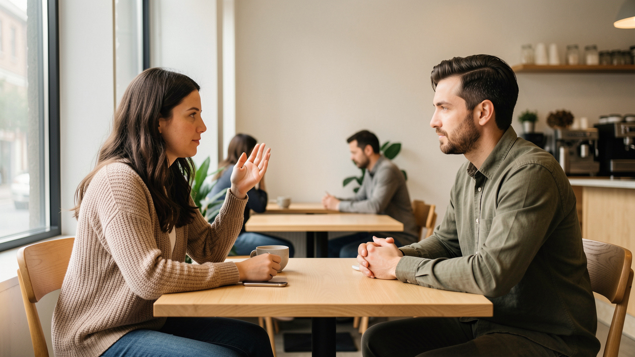 Une femme et un homme se rencontrent dans un café et échangent avec respect, dans une atmosphère calme et rassurante.