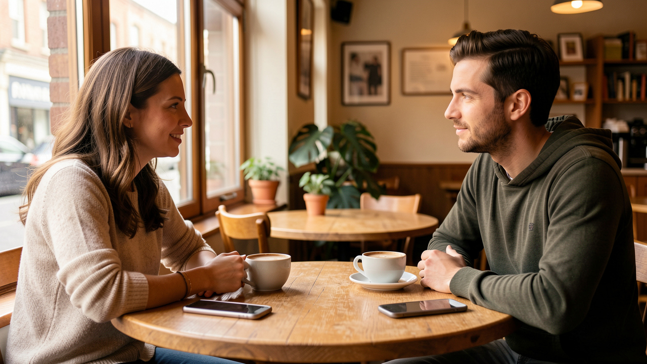 Un homme et une femme discutent calmement des limites de leur relation dans un café chaleureux, avec leurs téléphones posés sur la table.