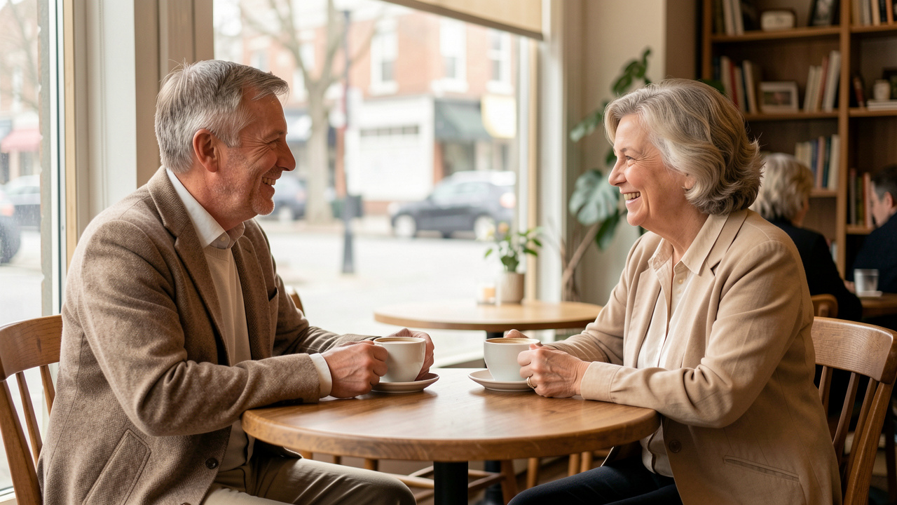 Un homme et une femme d’environ 55 ans se rencontrent dans un café chaleureux pour un premier rendez-vous simple et convivial.
