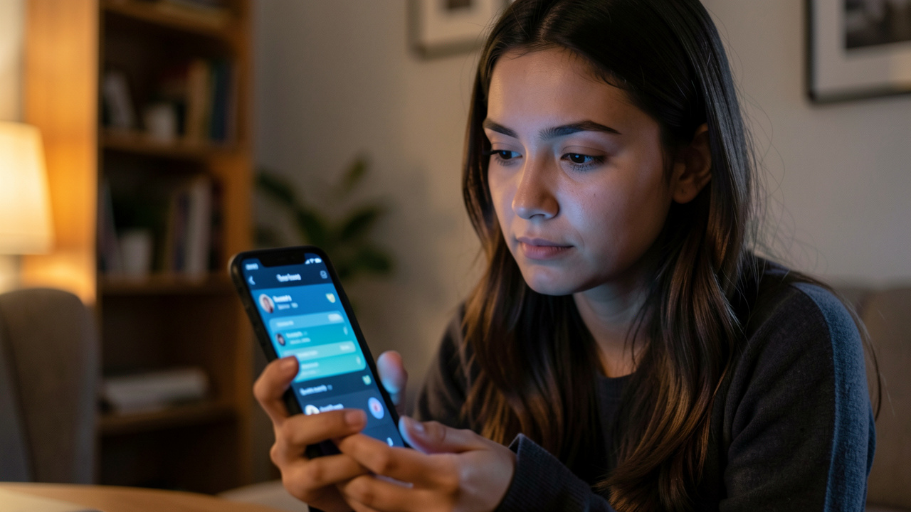 Jeune femme tenant un smartphone et affirmant calmement ses limites dans un contexte de rencontre en ligne, avec une expression réfléchie et une atmosphère rassurante.