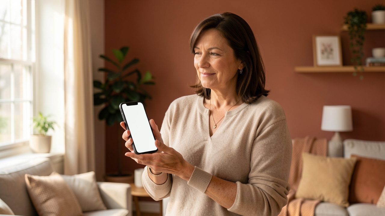 Femme d’une quarantaine d’années tenant un smartphone à écran vierge dans un intérieur chaleureux, avec une expression confiante et sereine évoquant une nouvelle étape de vie et des limites personnelles claires.