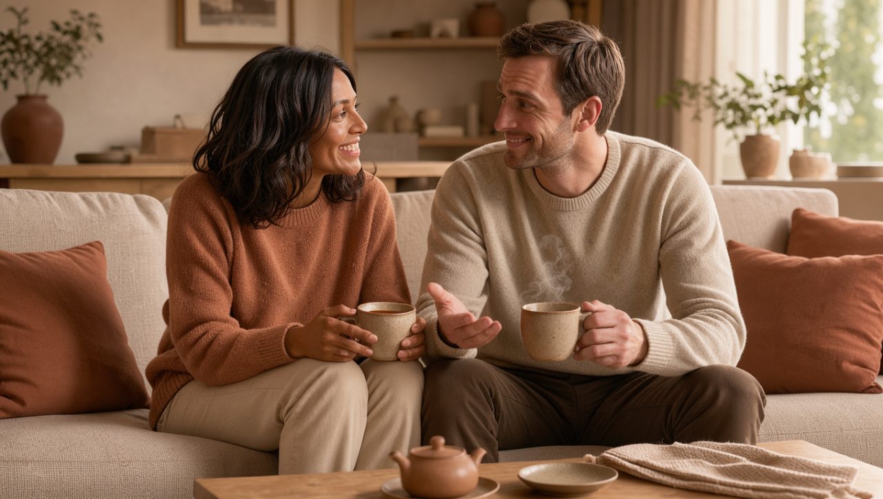 Un homme et une femme assis côte à côte sur un canapé échangent avec complicité dans un intérieur chaleureux.